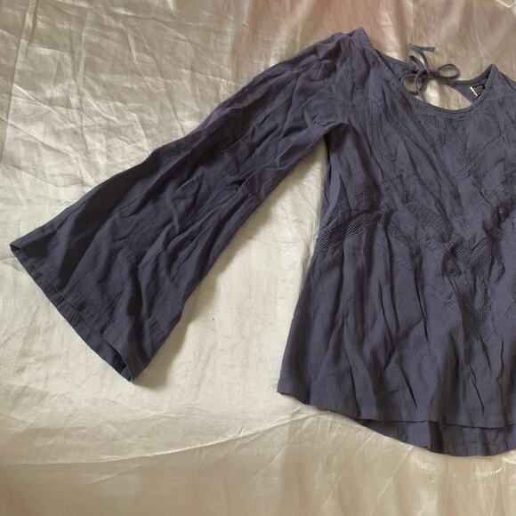 Volcom XS Textured Bangalow Flare Sleeve Blouse Top Blue Festival Boho - Picture 11 of 11